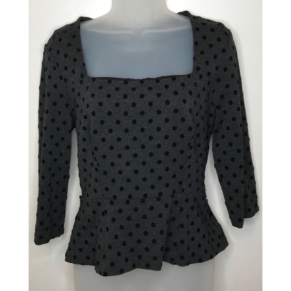 WHBM Top Gray Black Polka Dot Peplum Sz M